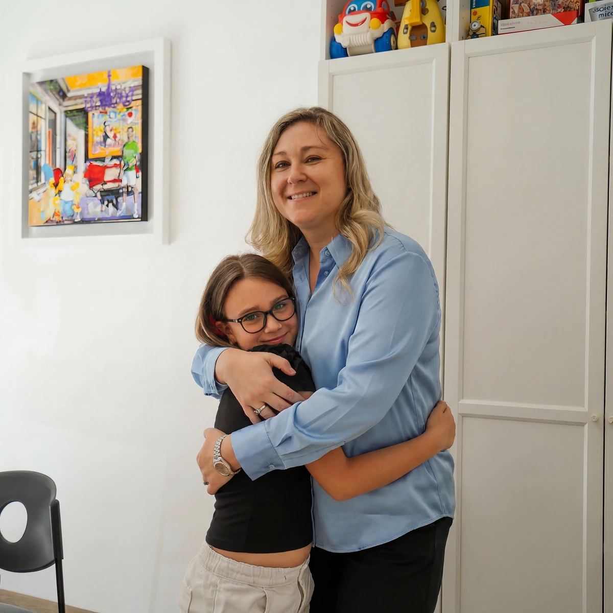 Mariangela Allegrini smiling and hugging a little girl with glasses at the speech therapy practice in Viterbo